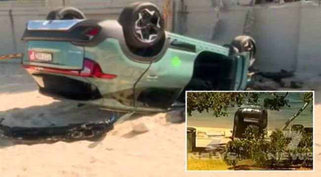 Footage Captures Insane Moment Car Crashes Through Concrete Wall Flips